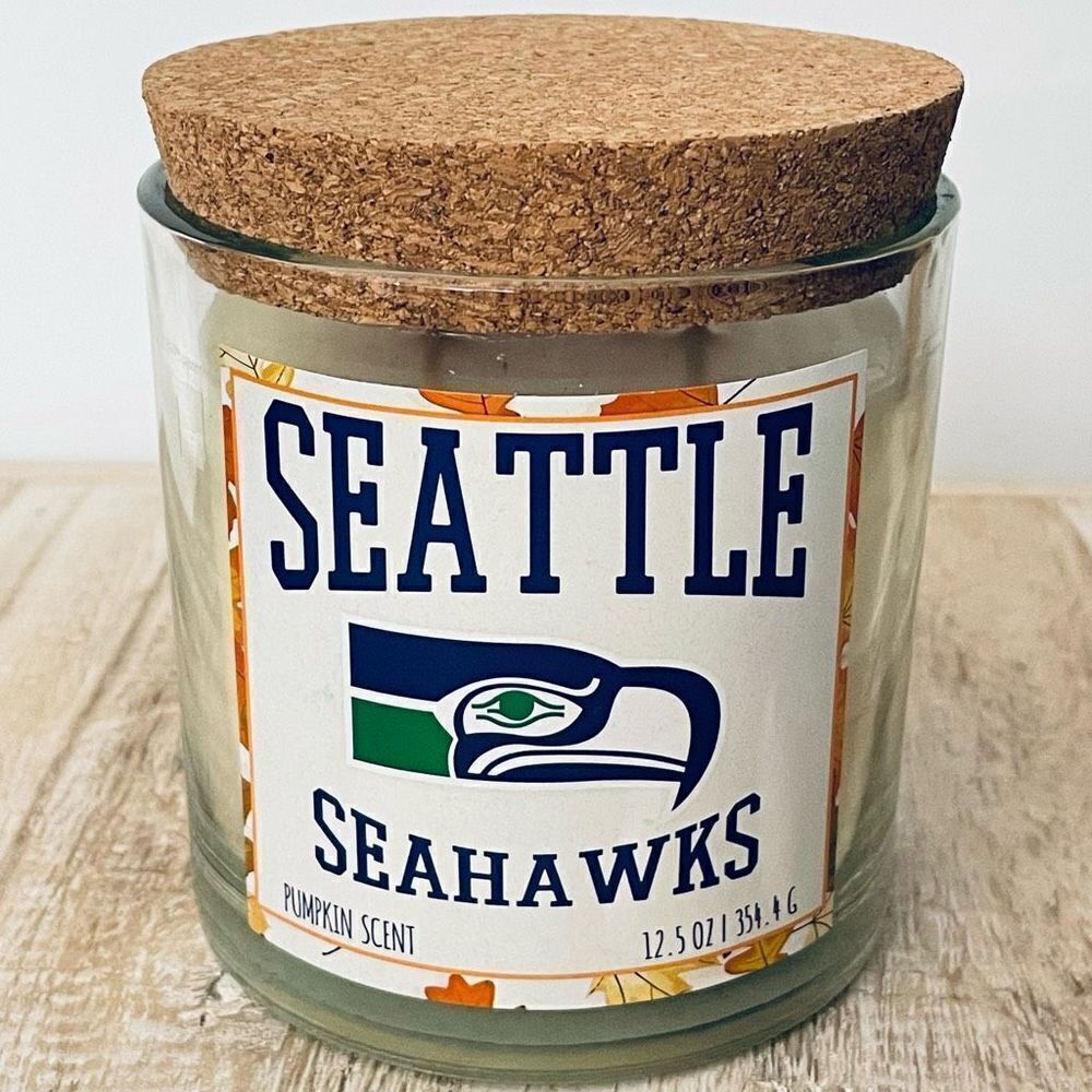 NWT NFL Seattle Seahawks Cork Lid 2 Wick ￼ Delicious pumpkin scent 12.5Oz Candle